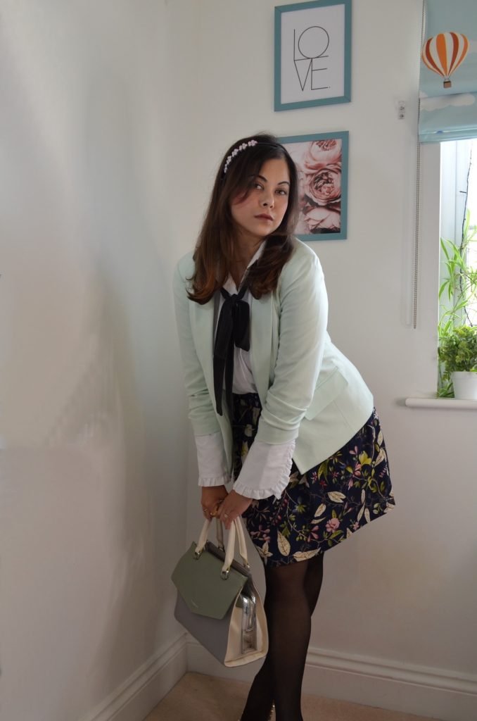 Mint blazer outfit with blue skirt and white shirt 
