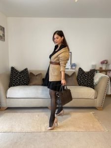 Back puff sleeve dress with cardigan and belt |Neutral outfit