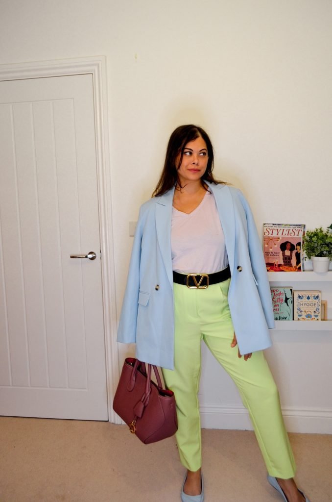 Pastel shades outfit with green trousers blue blazer and pink top Lilac green and blue pastel outfit with Pink dior bag | colour me in style spring summer 2021