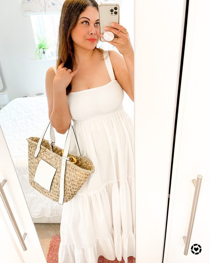 White maxi summer dress from Zara with Loewe basket bag