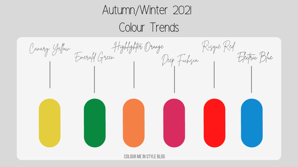 Autumn/ winter colour trends  - Emerald Green, Highlighter Orange, Deep Fuchsia , Red, cobalt Blue, Yellow  