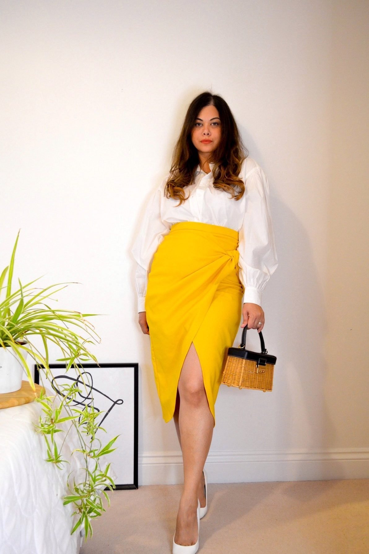 Canary Yellow outfit with Tie up skirt Zara skirt and oversized white shirt