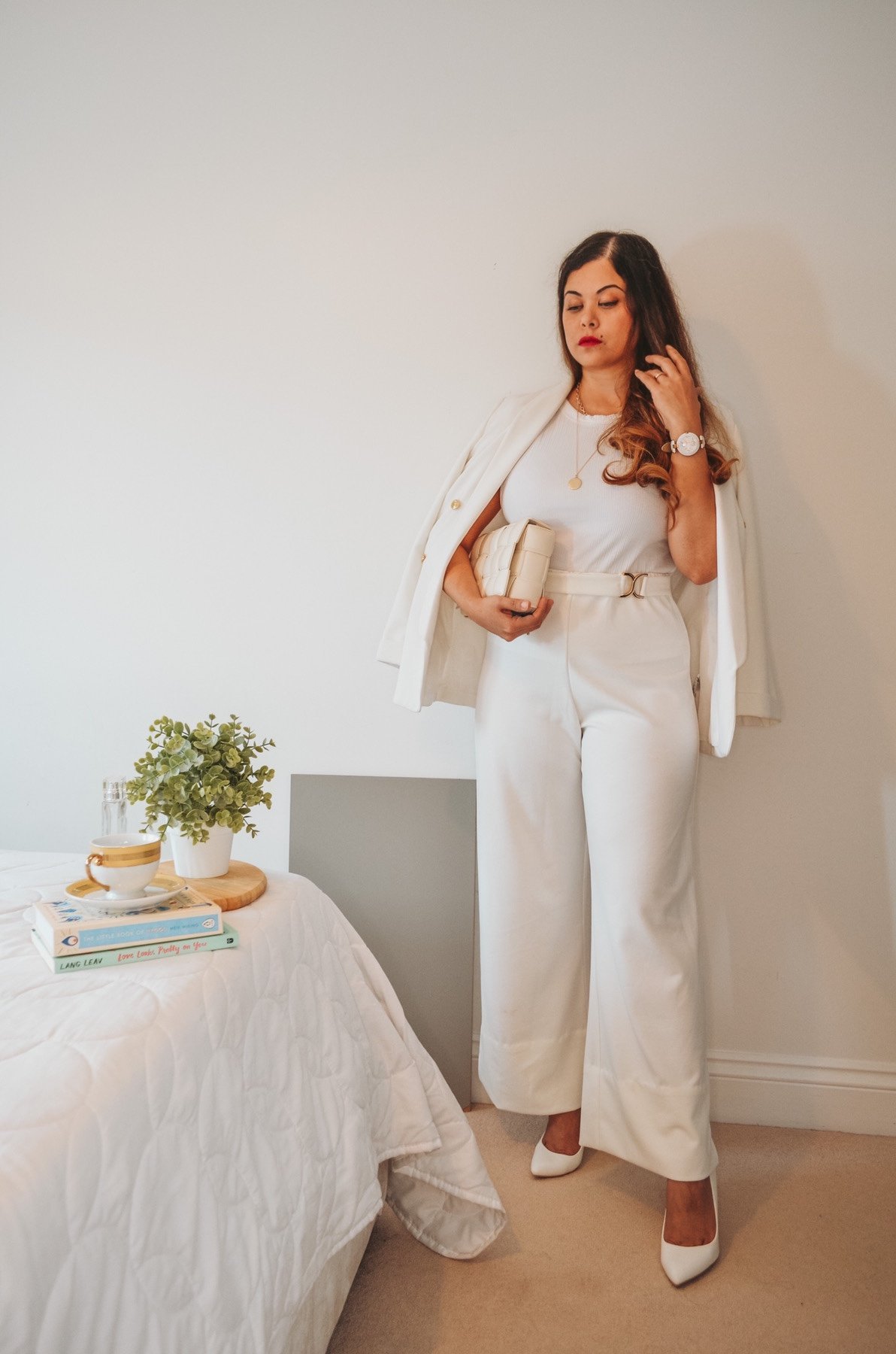 French style all white outfit with  White trousers  and white blazer