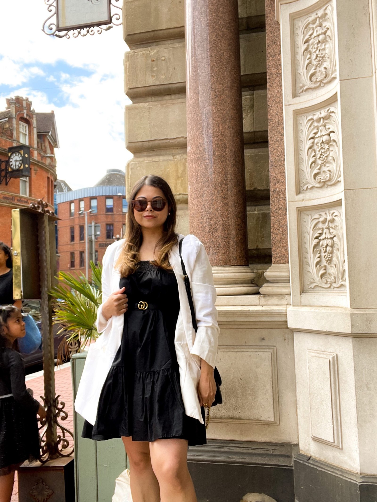 Black dress and white blazer outfit 