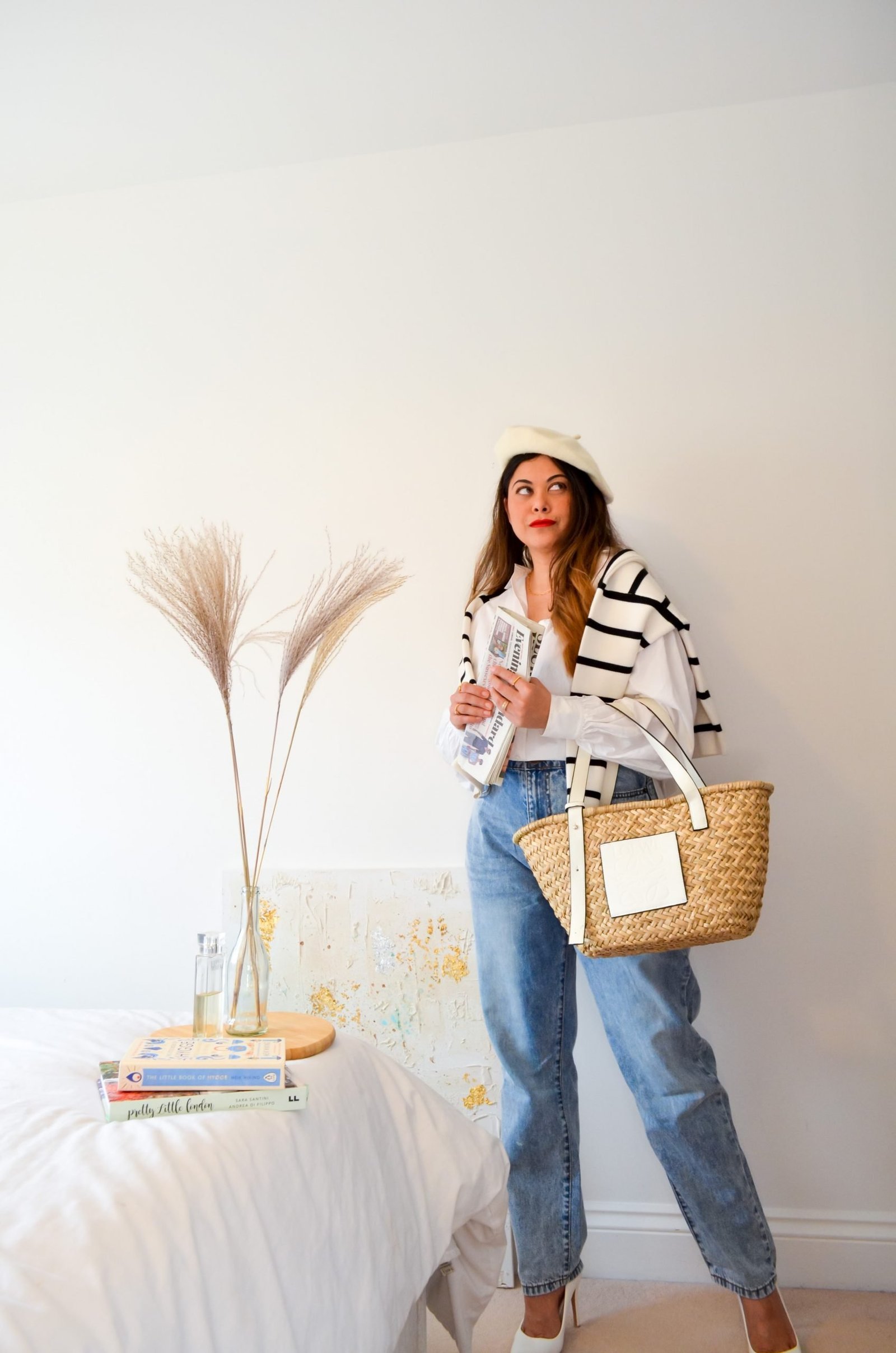 Parisian Style outfit. Trench coat outfit , Spring style Basket bag outfit Jane berkin bag, YSL red lipstick. Chic spring outfits. One outfit two ways.