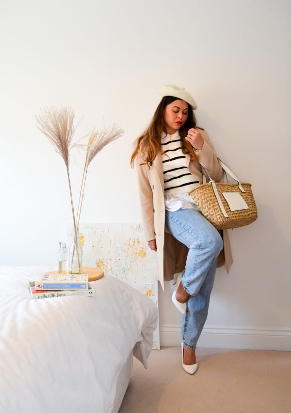 Parisian Style outfit. Trench coat outfit , Spring style Basket bag outfit