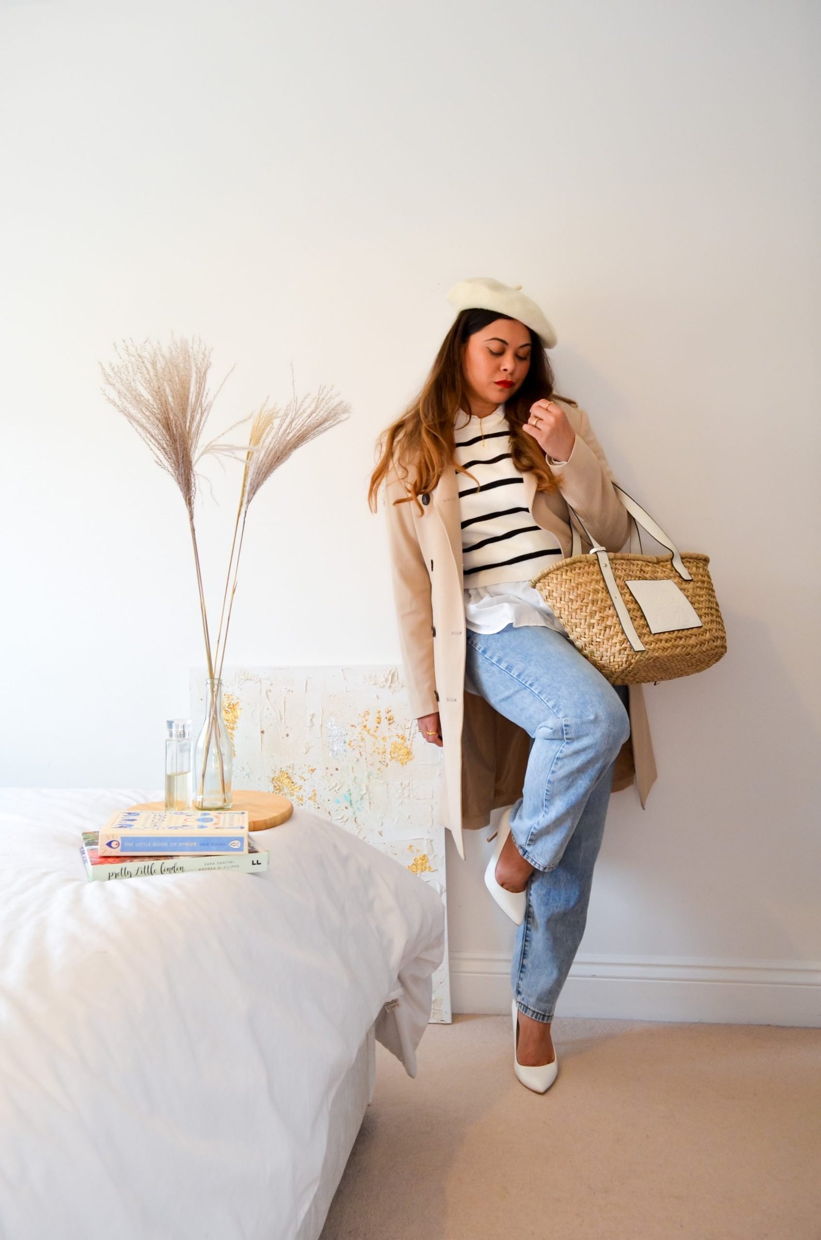Parisian Style outfit. Trench coat outfit , Spring style Basket bag outfit. Capsule wardrobe. UK fashion bloggers