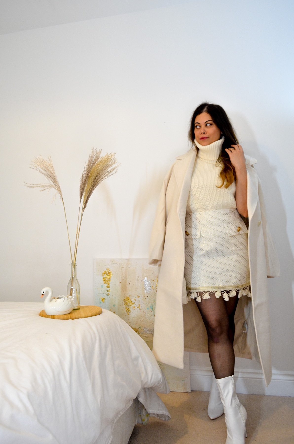 All white outfit with white coat , white boucle skirt , chanel inspired look