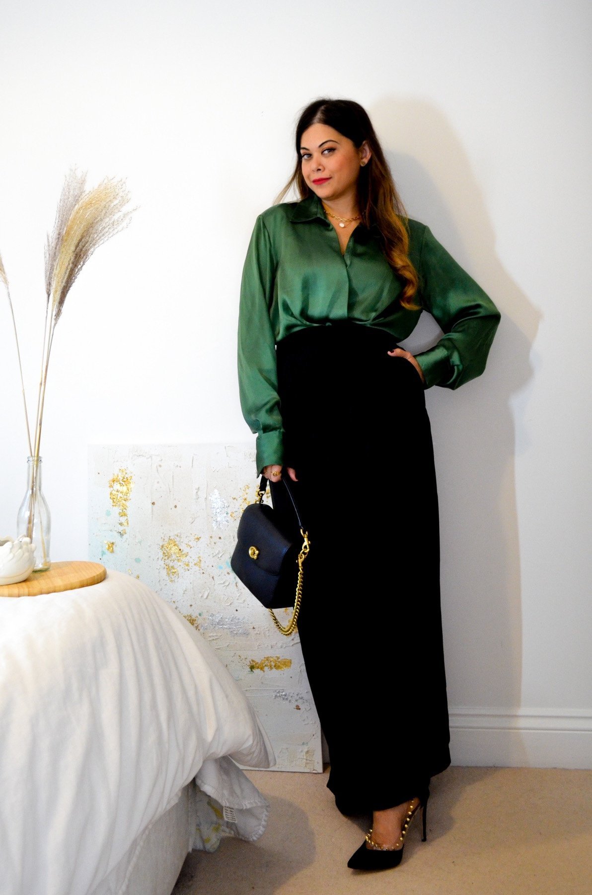Green silk blouse with High waist wide trousers. wide trouser outfit. Green Satin top.