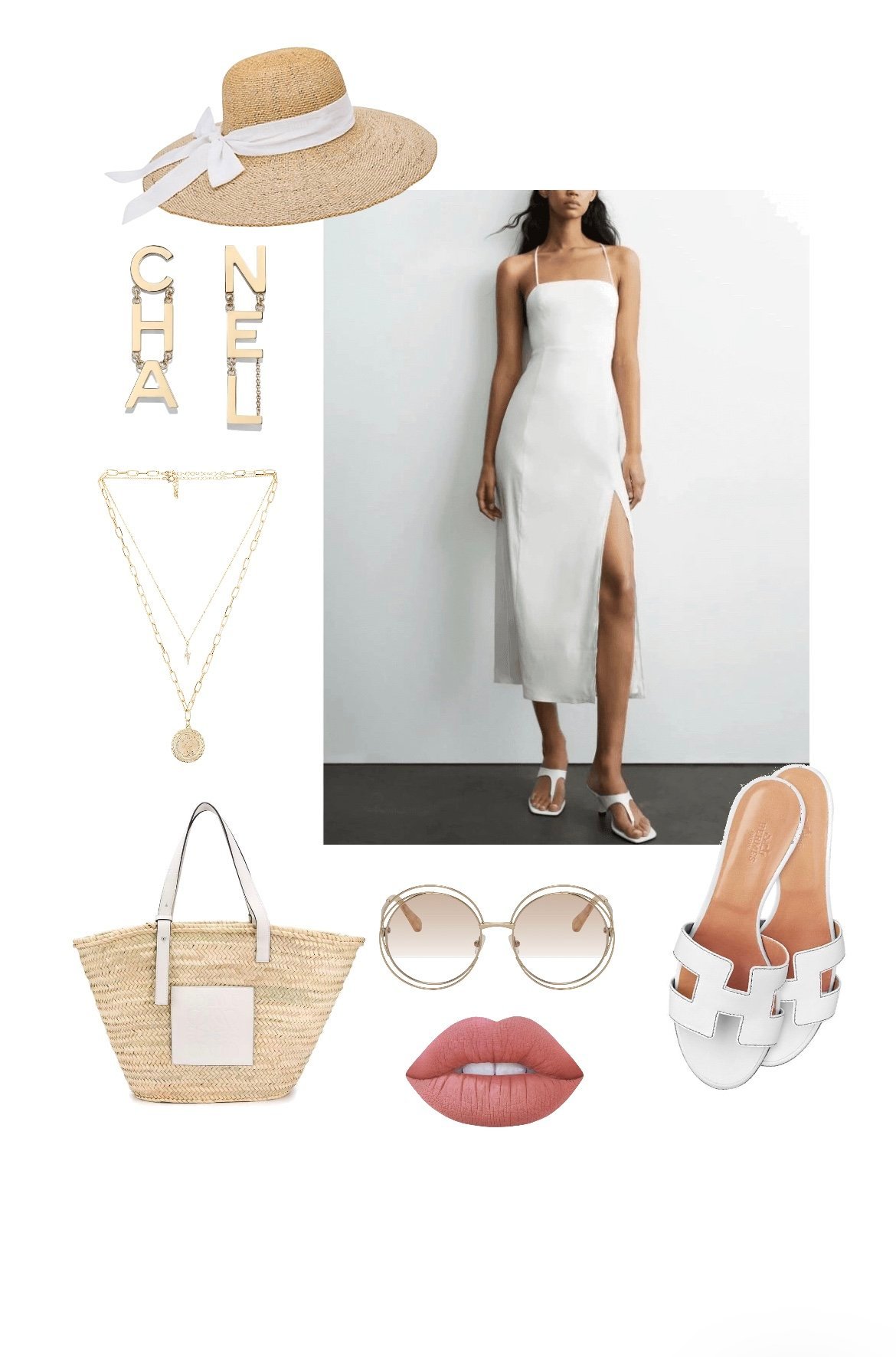What to pack for Maldives? A sexy and minimalist white dress look with basket bag , white sandals, chloe sunglasses, minimal gold jewelry and a sun hat.  