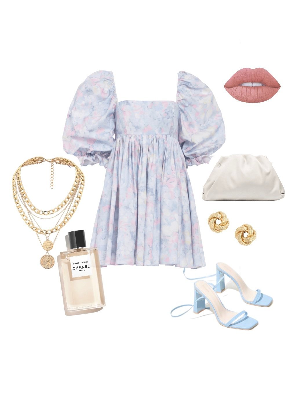What to pack for Maldives? A romantic and minimalist Selkie puff dress look with a clutch bag , white sandals, chloe sunglasses, minimal gold jewelry and a sun hat.  