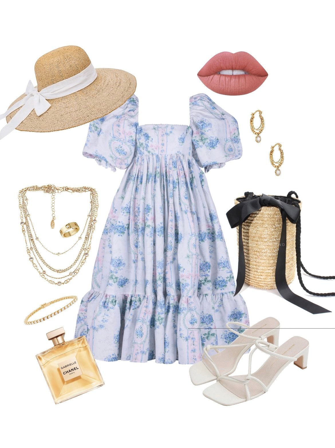 What to pack for Maldives? A romantic and minimalist Selkie puff dress look with a clutch bag , white sandals, chloe sunglasses, minimal gold jewelry and a sun hat.  