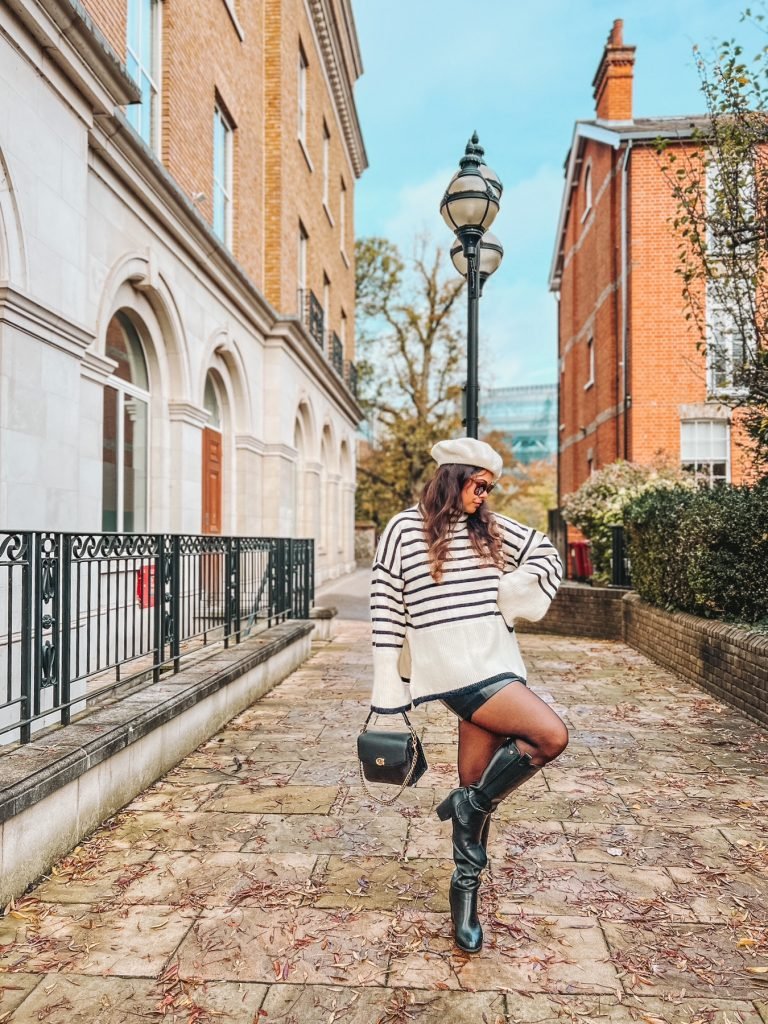 breton stripe jumper and leather skirt with high knee boots for Autumn 