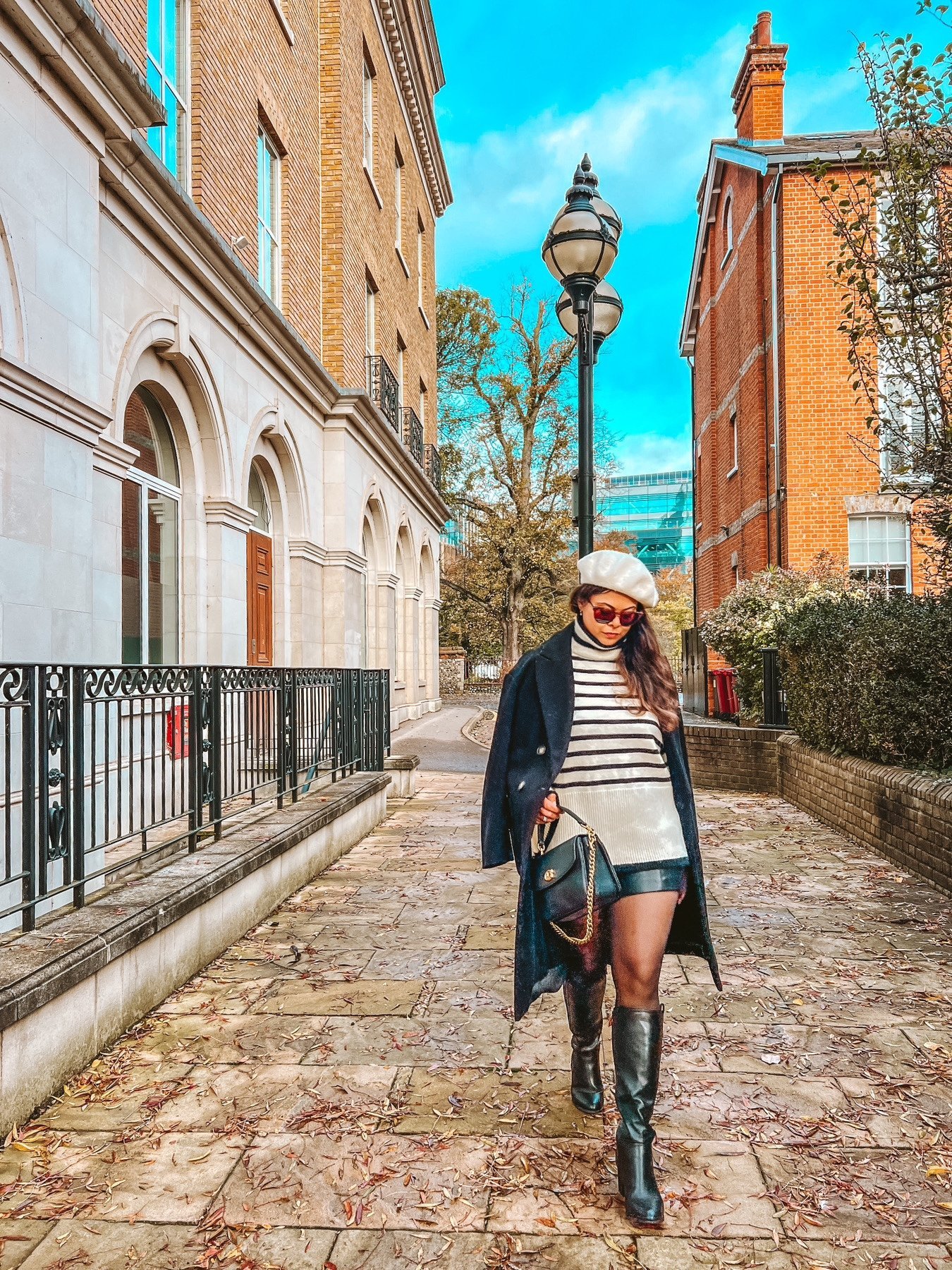 breton stripe jumper, Black coat and long boots