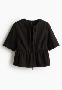 Tie-front poplin blouse - Round neck - Short sleeve - Black - Ladies | H&M GB