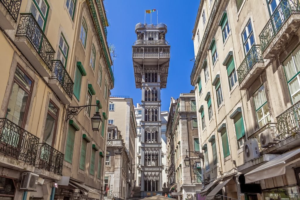 Elevador de Santa Justa Lift seen from Santa Justa Street. 19th century. By Raul Mesnier de Ponsard, a Gustave Eiffel disciple.