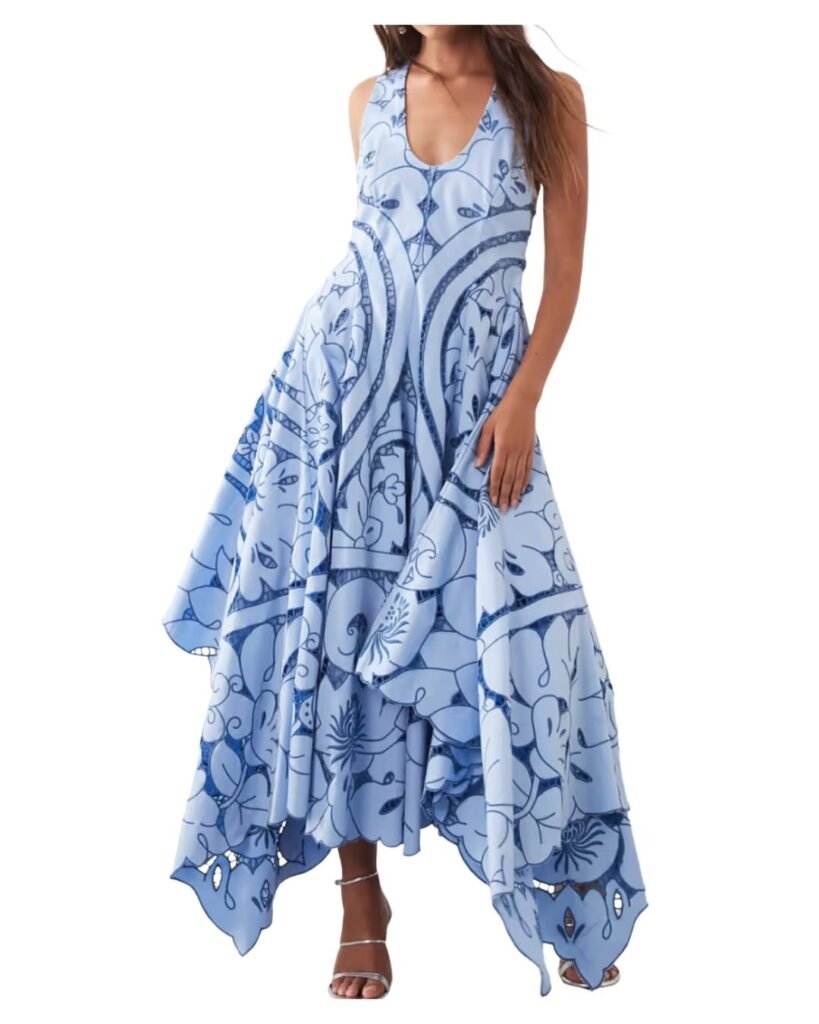 Model: 171.5cm / 5'7½" | Wearing UK 8 ARRANGE floral cutwork embroidered square cut hem maxi dress in blue