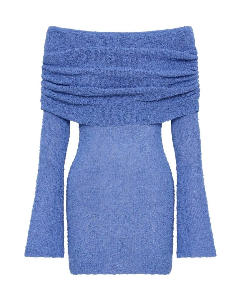 Blue off shoulder boucle mini dress perfect for any occasion.