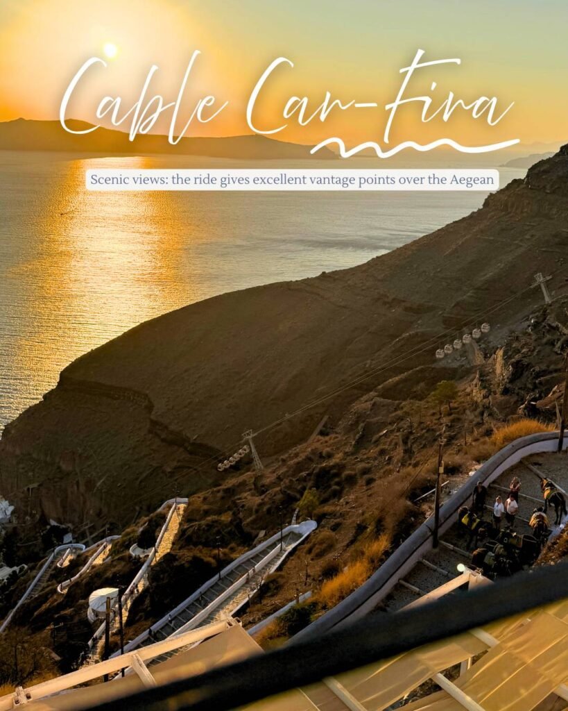 Cable cars on the steep cliffs in Fira , Santorini at sunset.