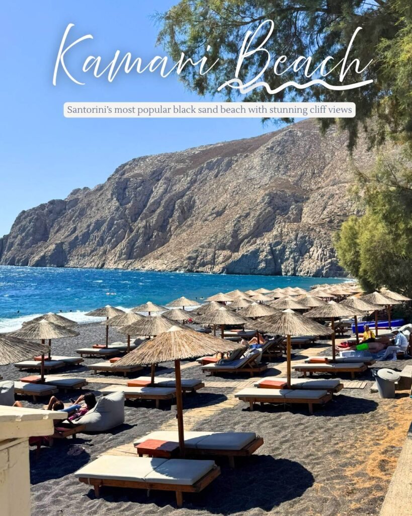 A beach club on the volcanic black sand beach in Kamari , Santorini