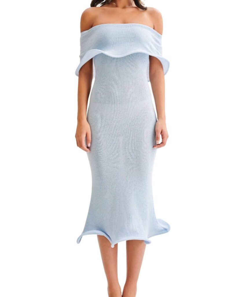 The MOLLY Off-Shoulder Knit Midi Dress captures effortless elegance with a modern edge. Cut in a flattering bodycon silhouette, it features a refined off-the-shoulder neckline with an overlay detail for added sophistication. A wire ripple hem introduces a distinctive, fashion-forward finish, while the soft, unlined knit offers comfort and ease of wear. Falling to a chic midi length, it’s a standout choice for any occasion.