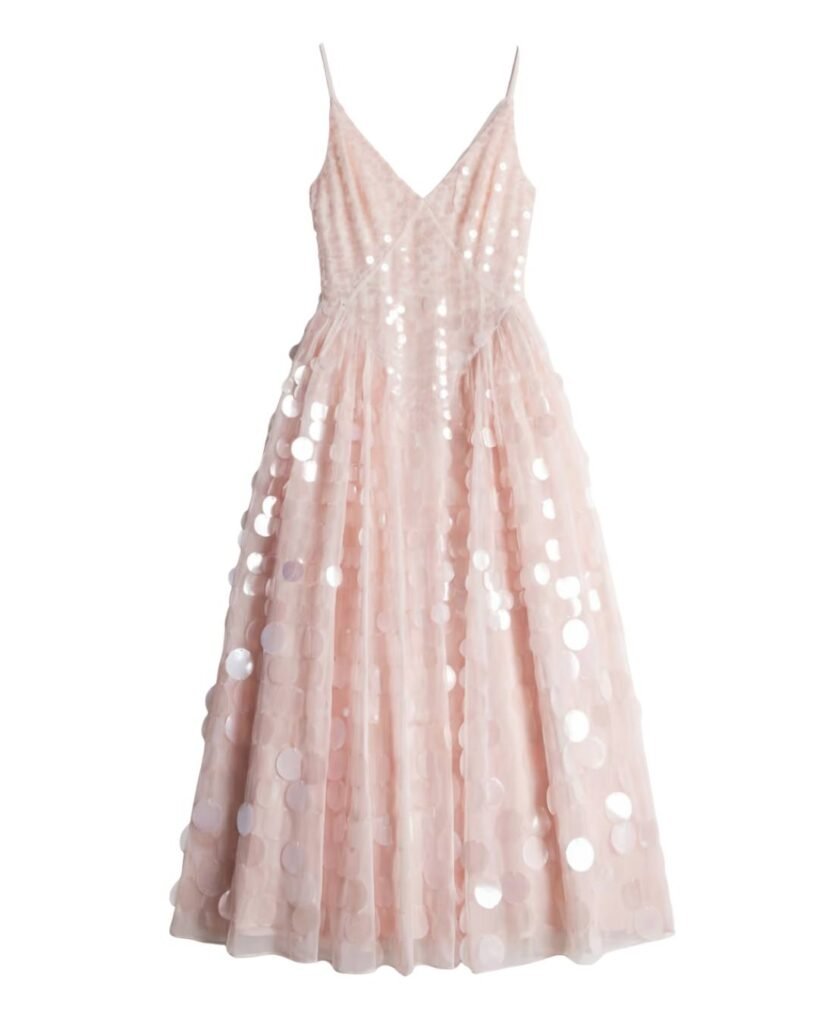 ARRANGE embellished sequin cami midi dress with full skirt in soft pink