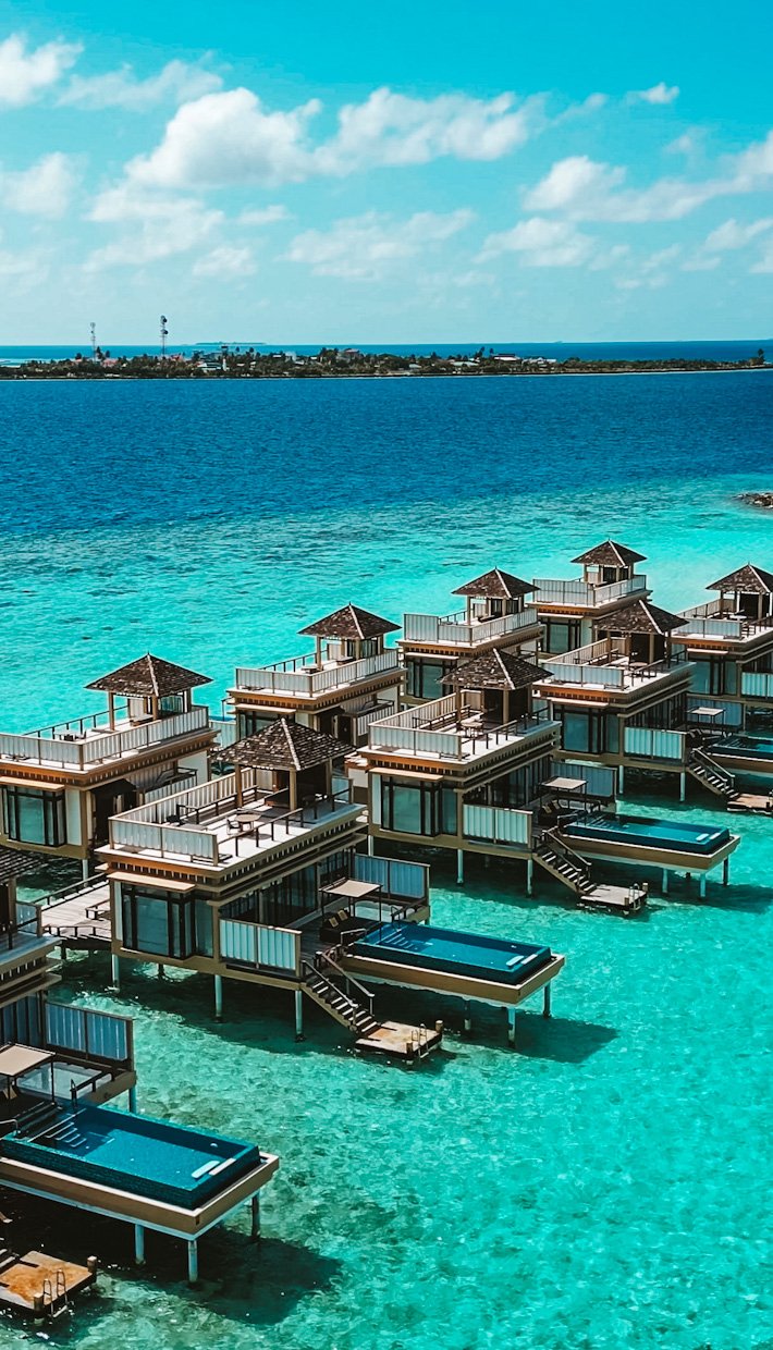 Drone image of the In Ocean villas at Angsana Velavaru