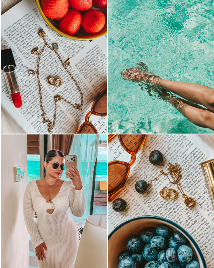 Colour me in style Blue and white Maldives collage with Abott Lyon jewellery