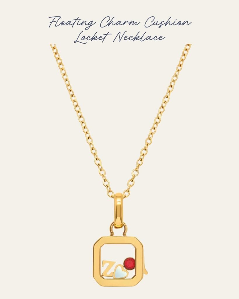 A gold necklace with a Square locket that holds up to five floating stones, each representing someone close to you. 