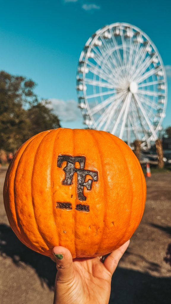 A hand showing the Tulleys branded pumpkin with the Observation wheel in the background on a sunny day.